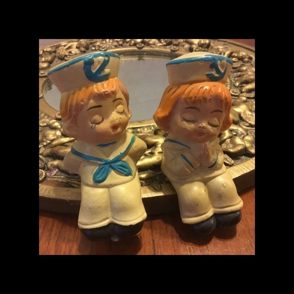 Vintage 1950’s sailor boy and girl salt and pepper shakers, handpainted used